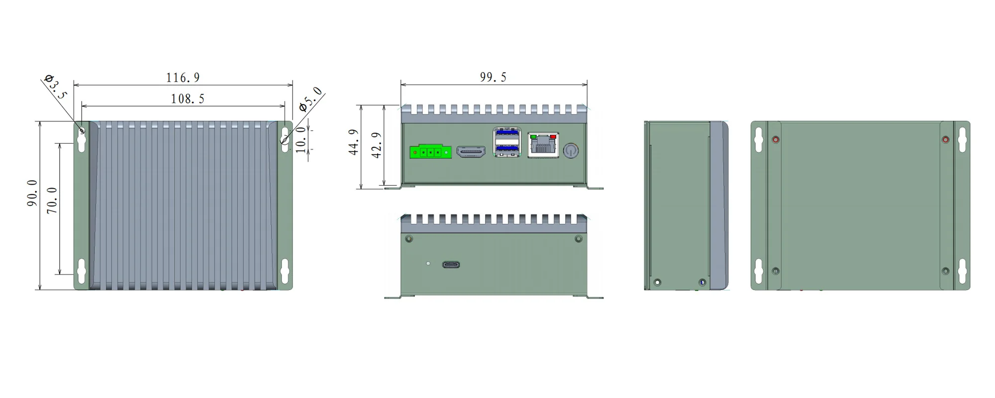 EA-N100A edge AI computer - three-view dimensions (mm)