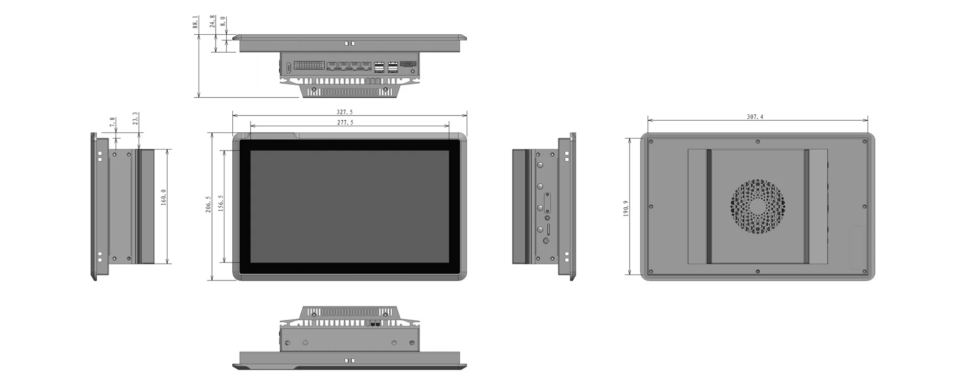 EA-W12-N200 AI panel PC (16:9) - three-view dimension drawing (mm)
