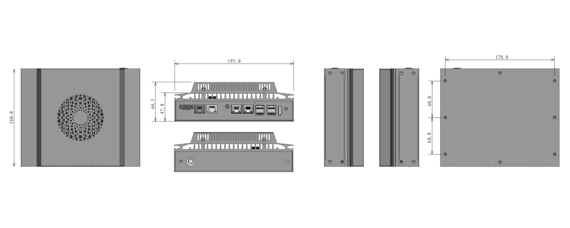 EPC-102B embedded industrial computer - three-view dimensions (mm)