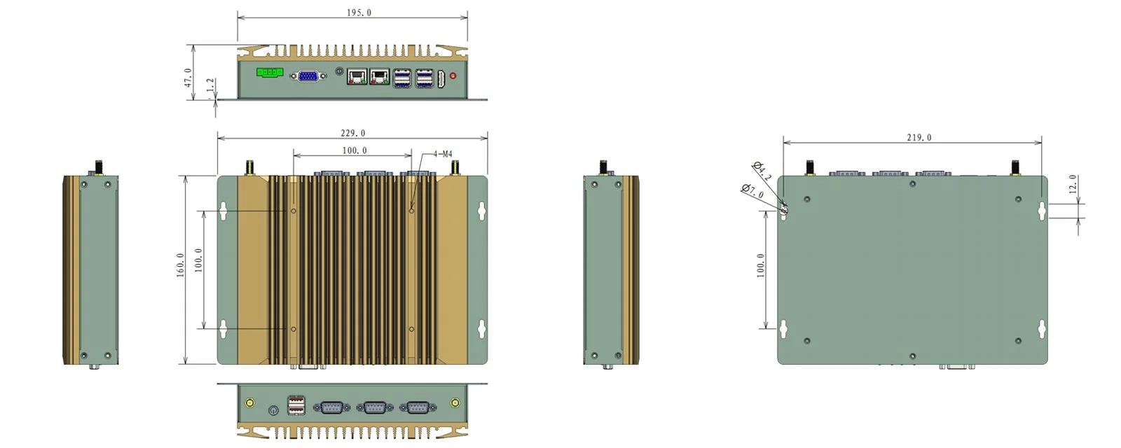 EPC-107A industrial computer - three-view dimensions (mm)