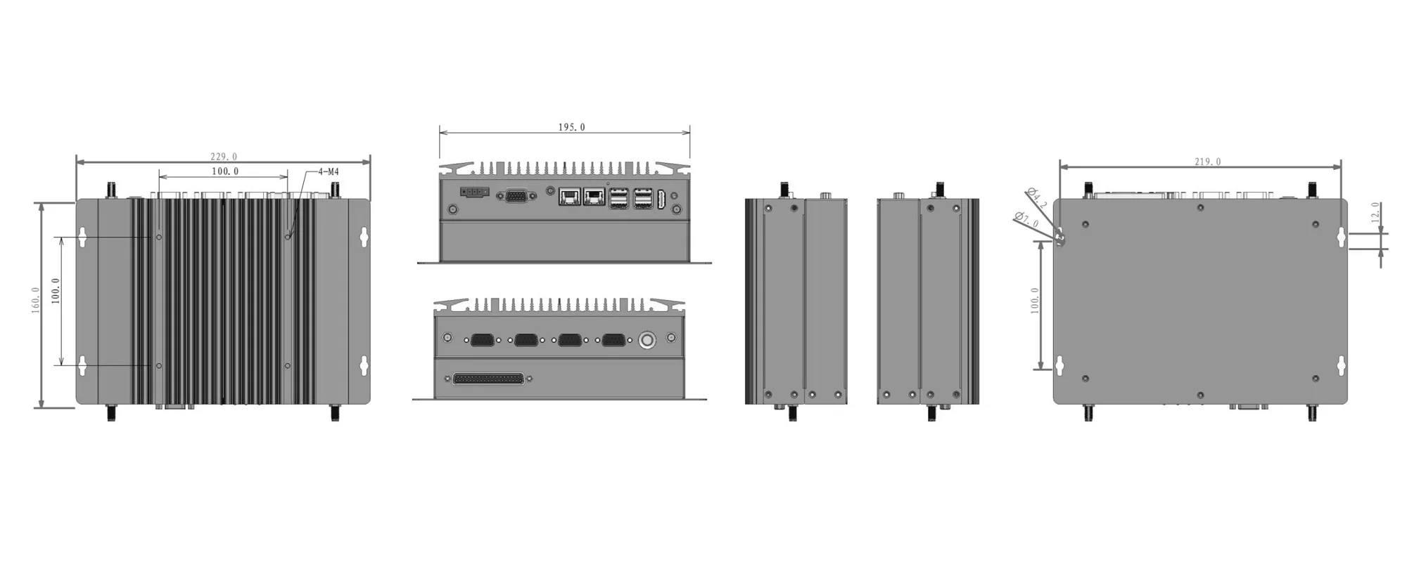 EPC-207B embedded industrial computer - three-view dimensions (mm)