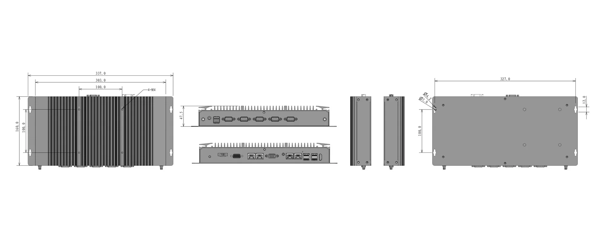 EPC-309E embedded industrial computer - three-view dimensions (mm)