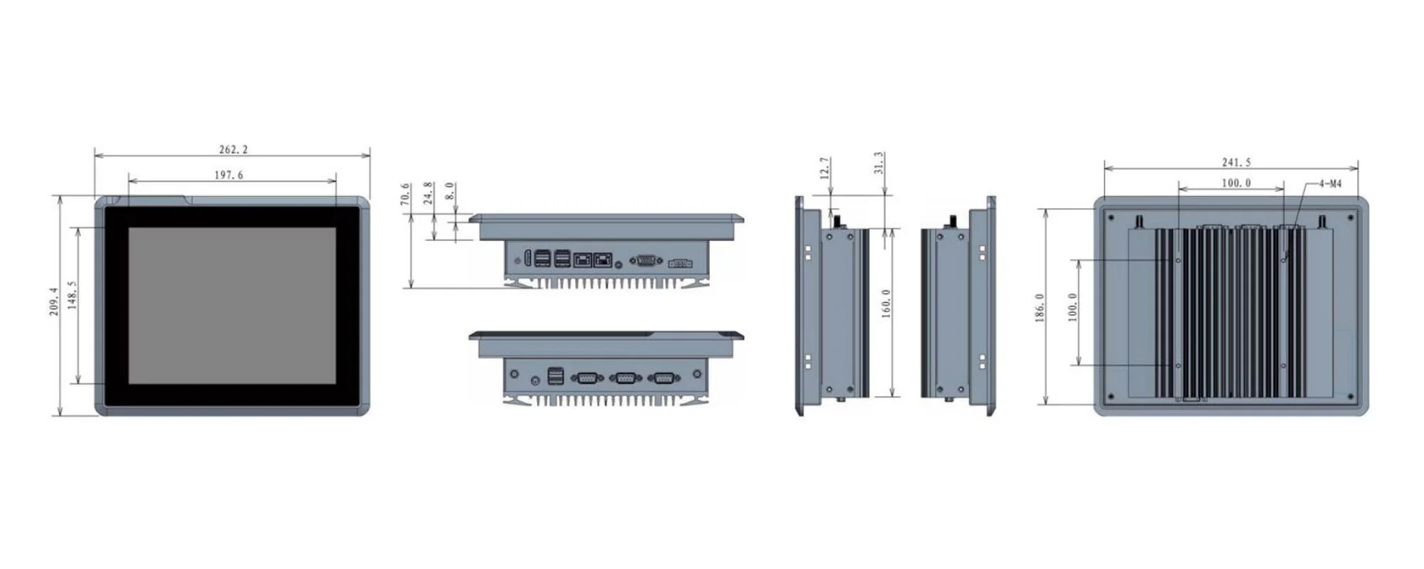 EPC-S1092A industrial touch panel PC - three-view dimension drawing (mm)