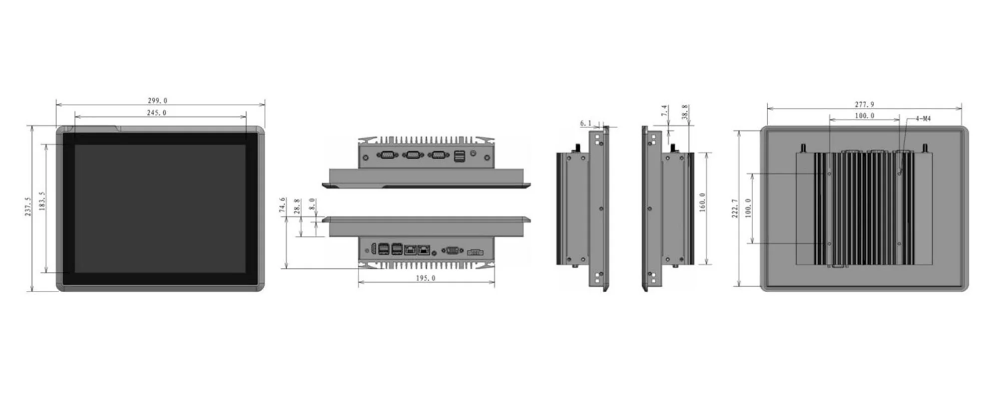 EPC-S1262A industrial touch panel PC - three-view dimension drawing (mm)