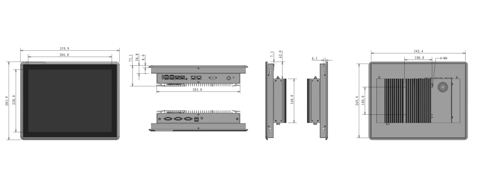 EPC-S1522E embedded industrial panel PC (standard screen) - three-view dimension drawing (mm)
