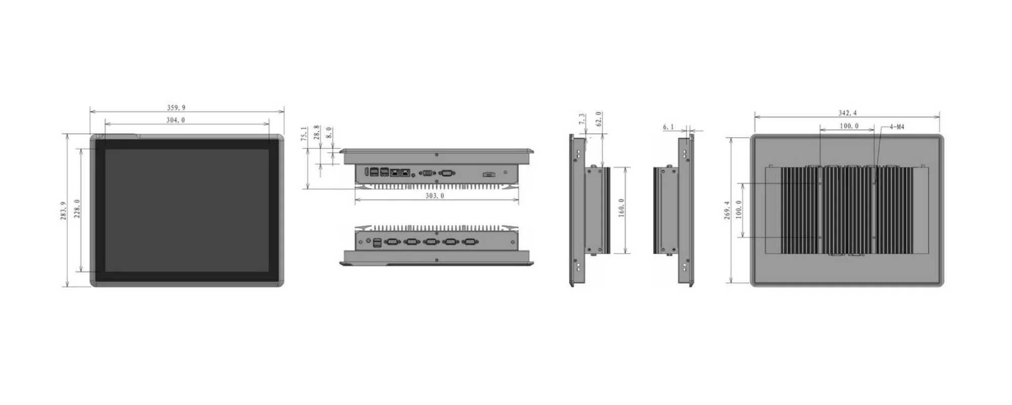 EPC-S1571A embedded industrial panel PC (standard screen) - three-view dimension drawing (mm)