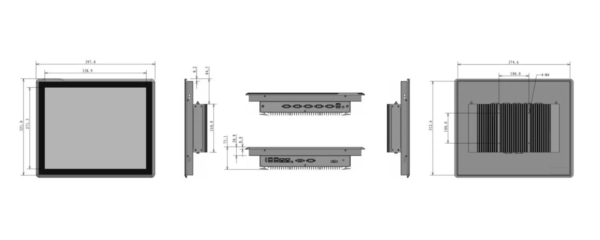 EPC-S1962A industrial touch panel PC - three-view dimensions (mm)