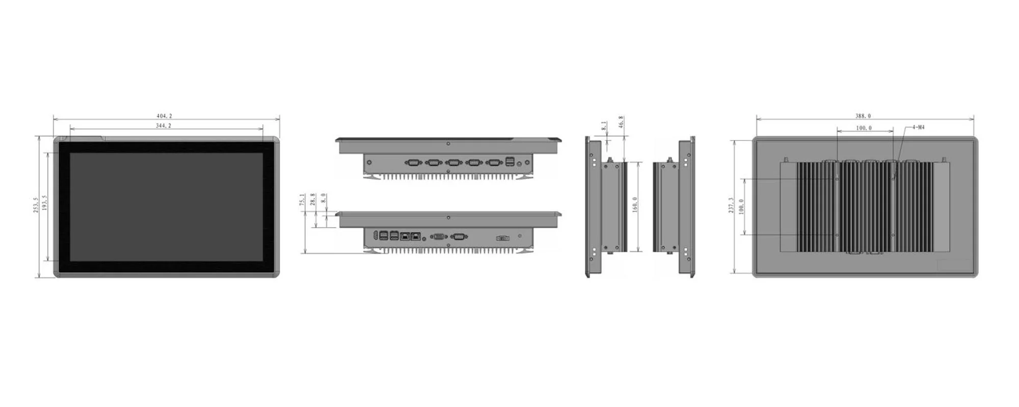 EPC-W1522A widescreen industrial panel PC (16:9) - dimensional drawing (mm)