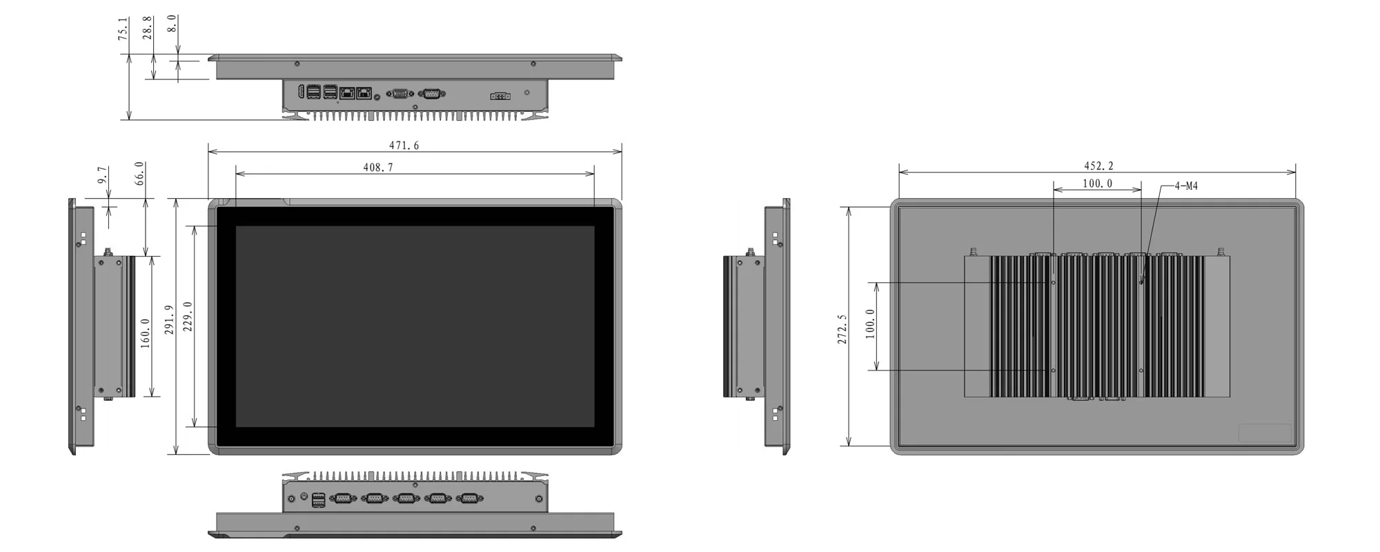 EPC-W1862A industrial panel PC - dimensional drawing (mm)