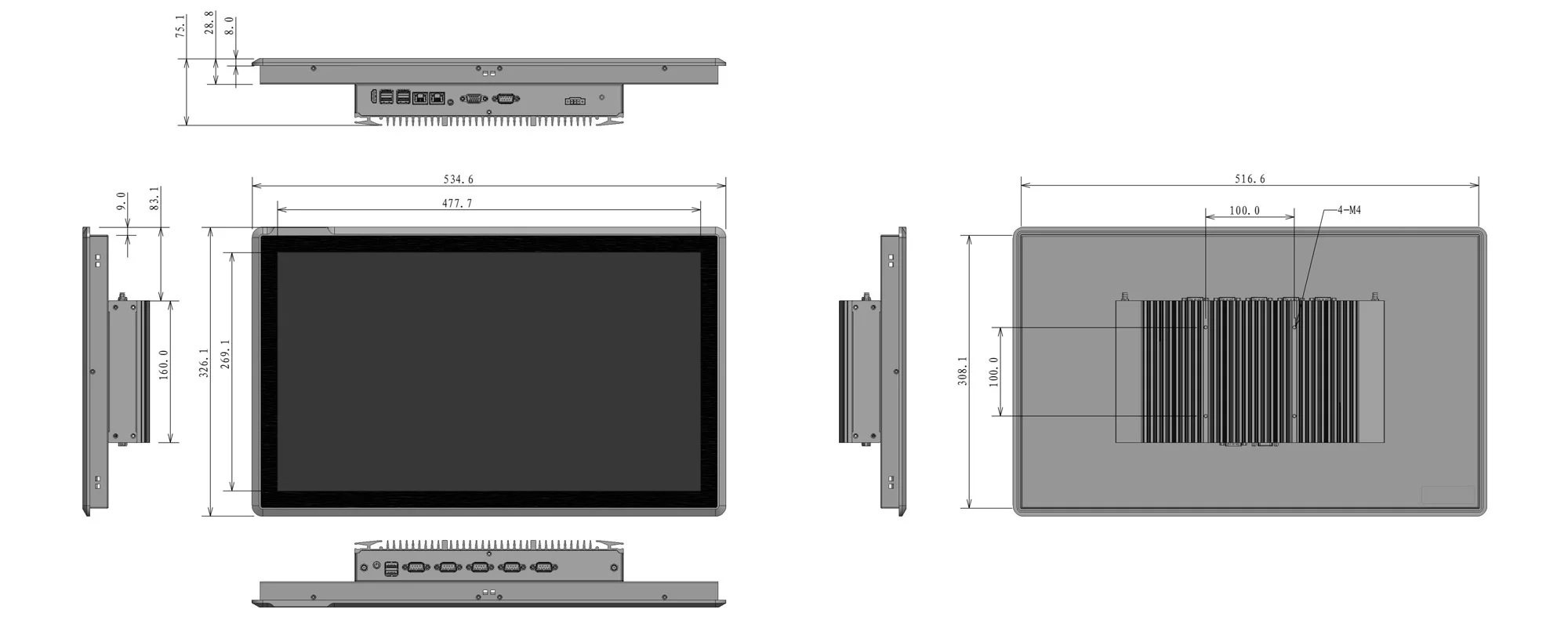 EPC-W2192A widescreen industrial panel PC (16:9) - dimensional drawing (mm)