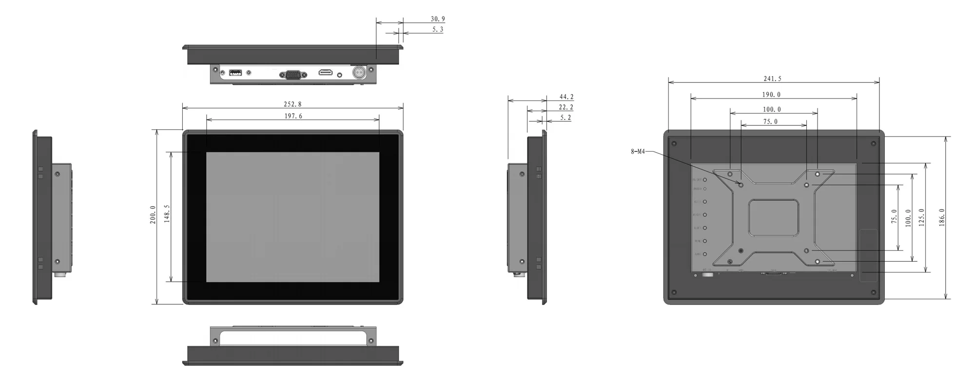 FPM-S1002A industrial monitor (standard screen) - dimensional drawing (mm)