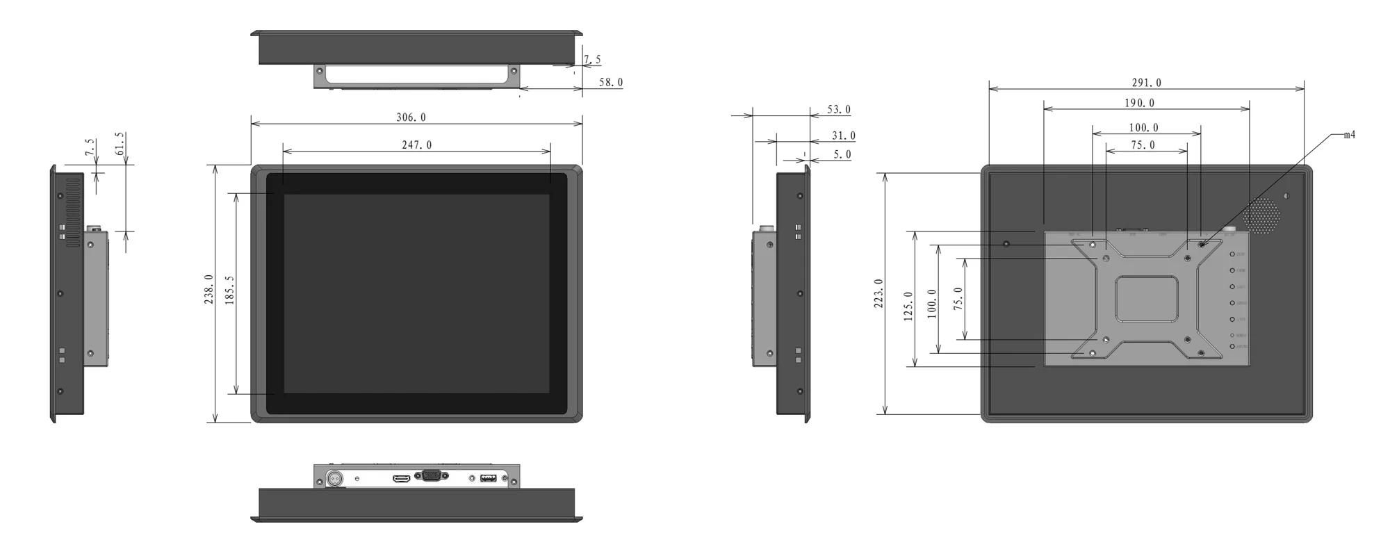 FPM-S1202A Industriemonitor (Standardbildschirm) - Maßzeichnung (mm)