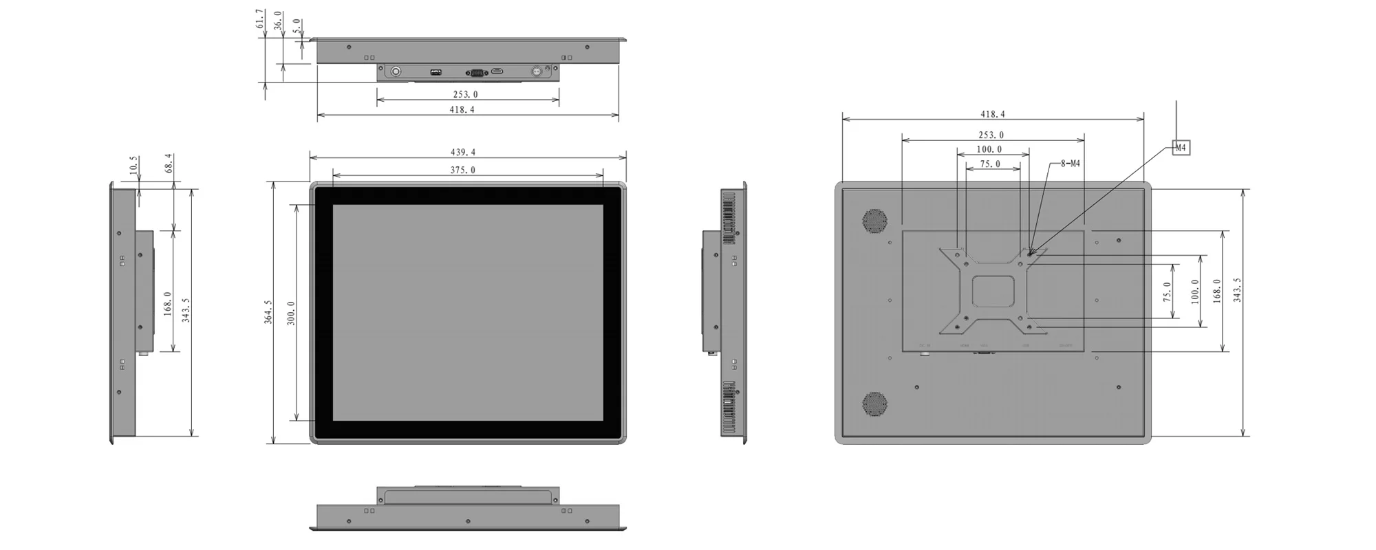 FPM-S1902A industrial monitor (standard screen) - dimensional drawing (mm)