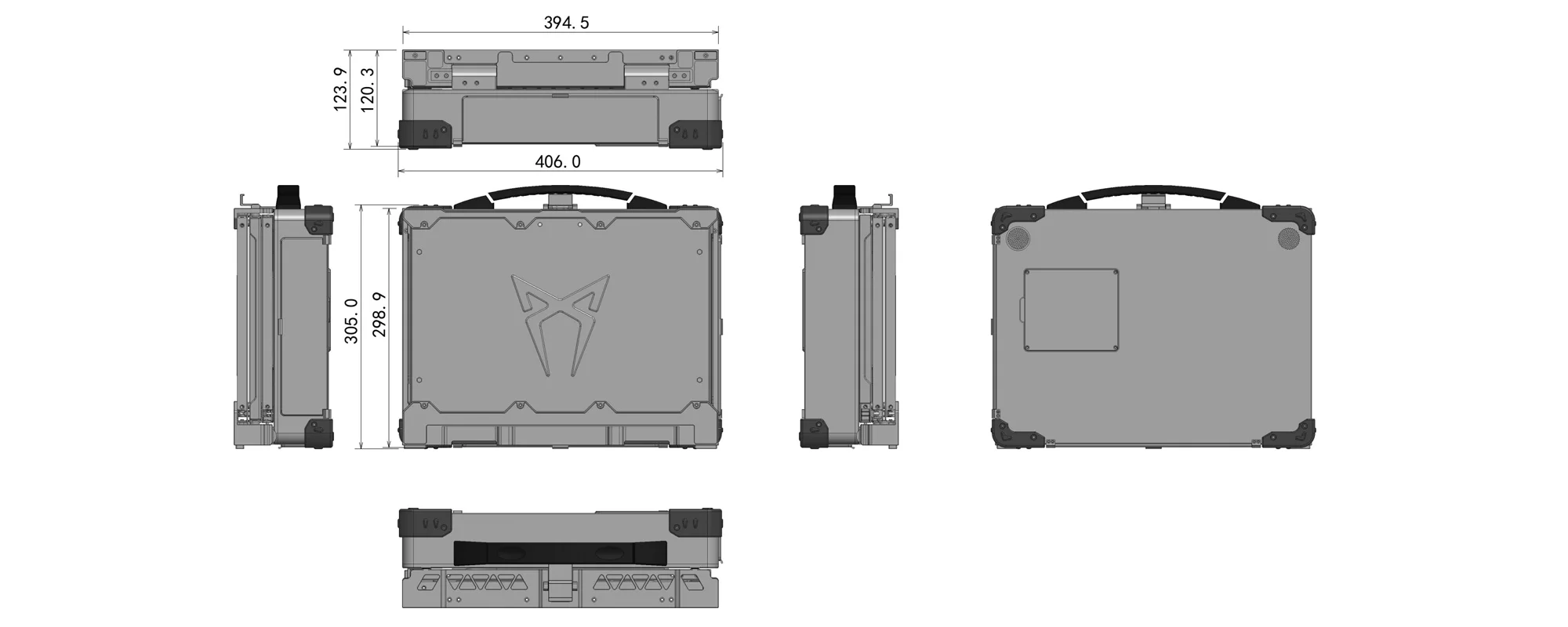 MPC-AS-W150-T3-A robuste tragbare Triple-Screen-Workstation - Maßzeichnung Dreiseitenansicht (mm)
