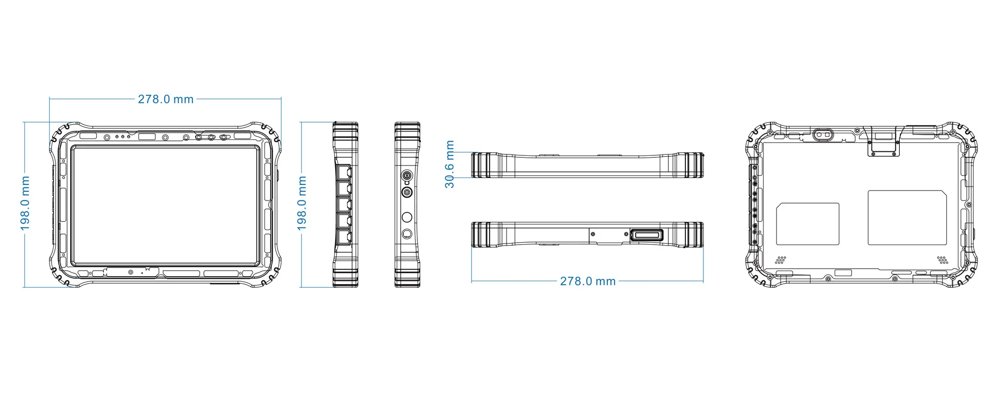 TPC-1062A robustes Handheld-Feldterminal - Maßzeichnung Dreiseitenansicht (mm)