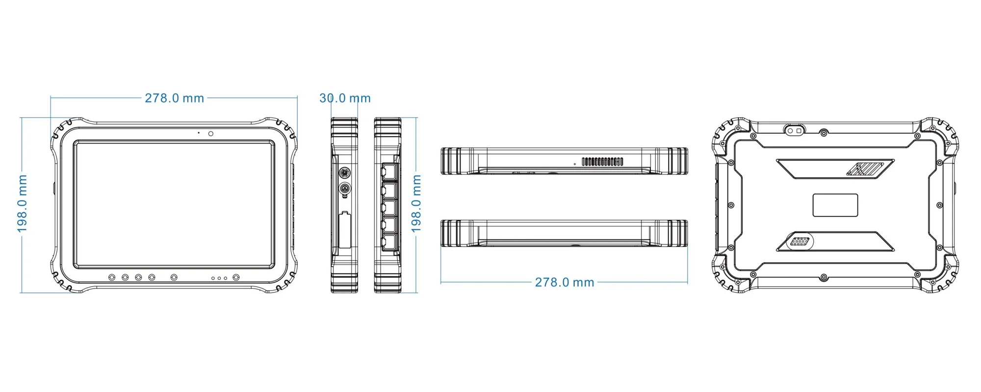 TPC-1082A robustes Handheld-Feldterminal - Maßzeichnung Dreiseitenansicht (mm)