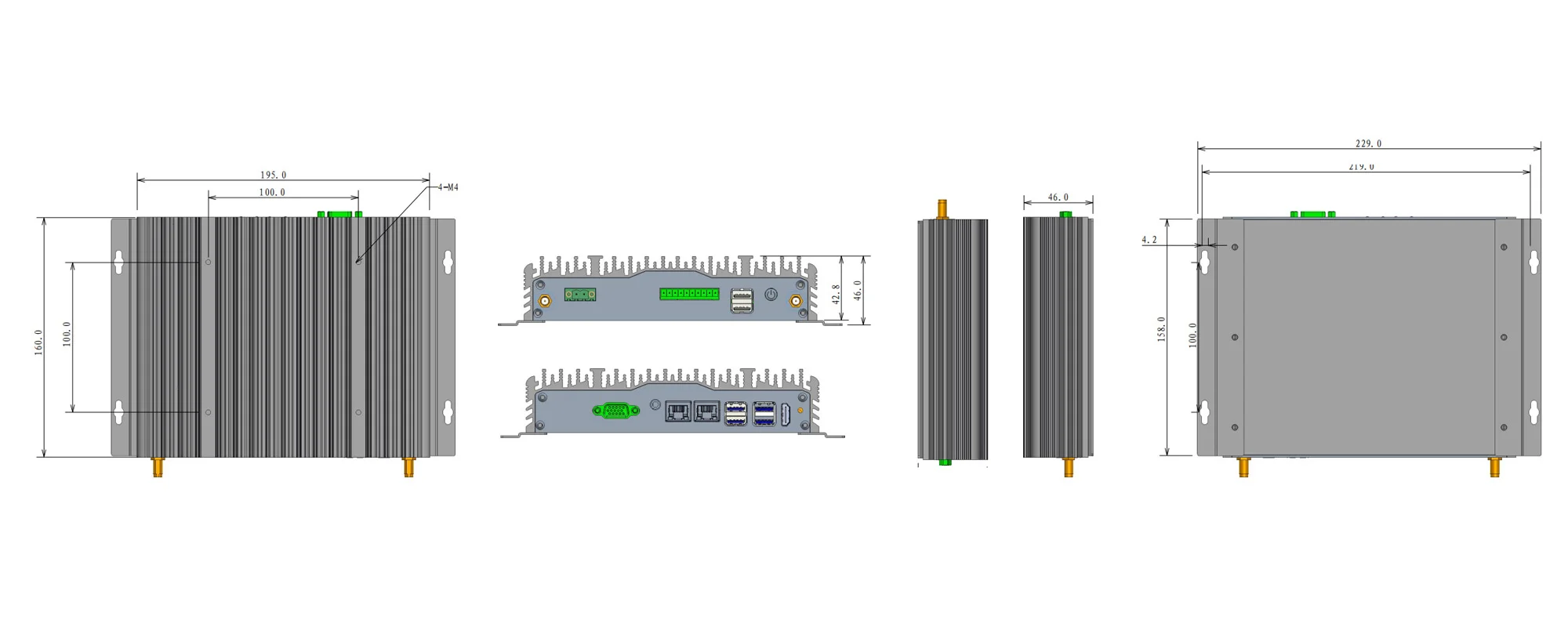 UPC-206E universal box industrial PC - three-view dimensions (mm)