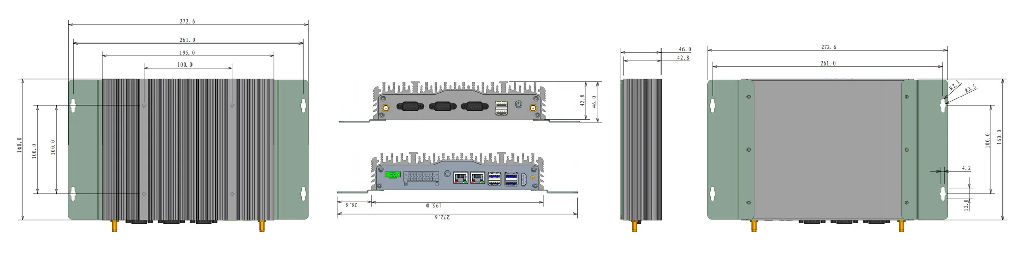 UPC-209B universal box industrial PC - three-view dimensions (mm)