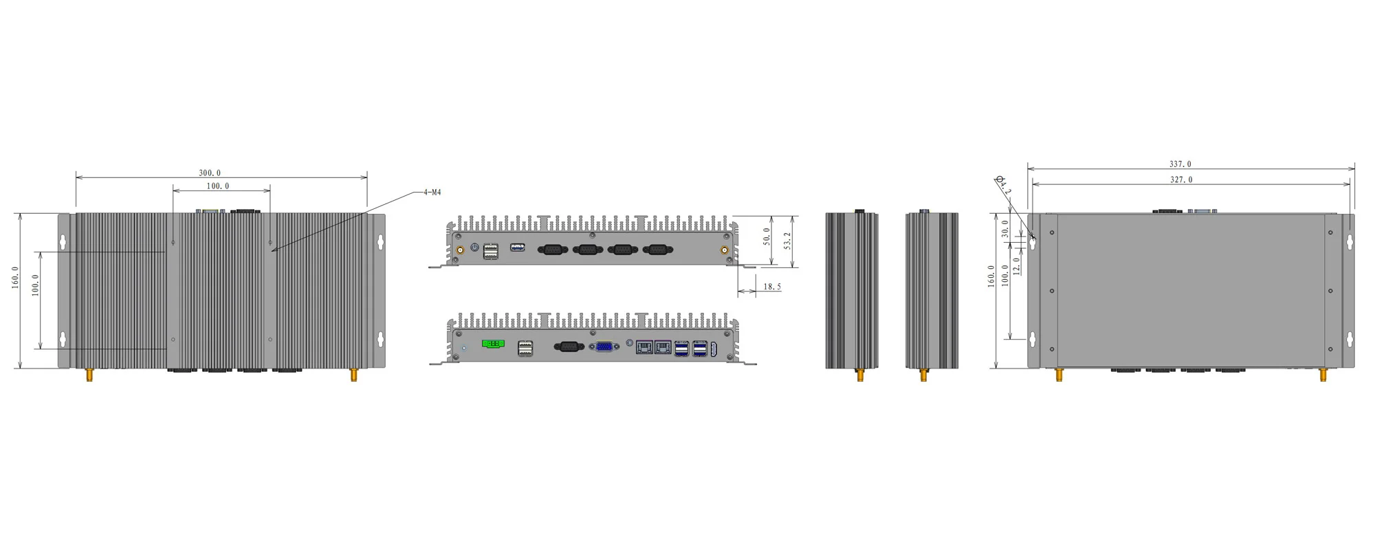 UPC-302D universal box industrial PC - three-view dimensions (mm)