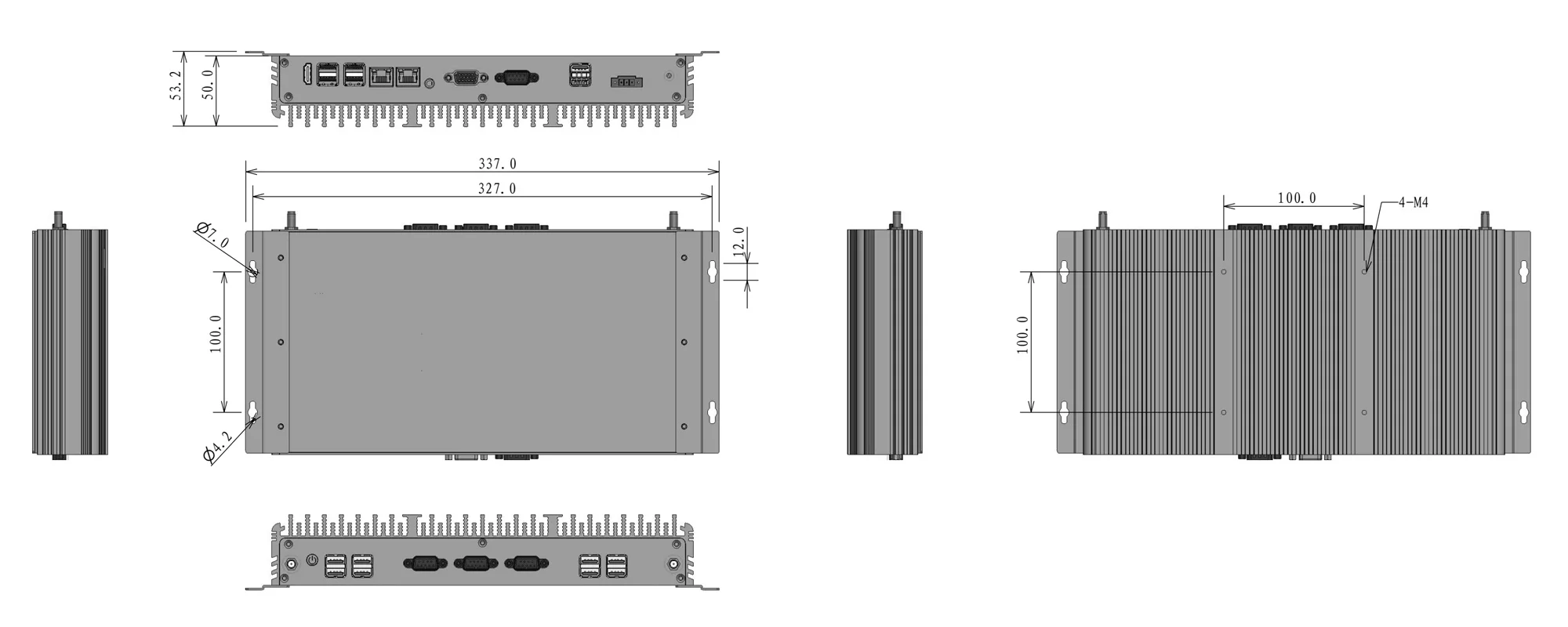 UPC-302F universal box industrial PC - three-view dimensions (mm)