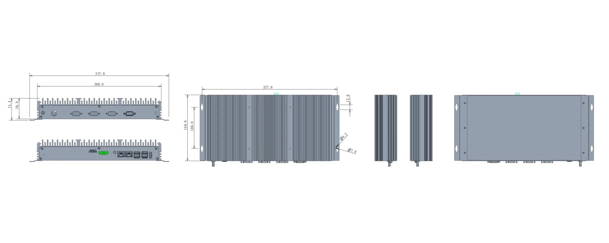 UPC-309C universal box industrial PC - three-view dimensions (mm)