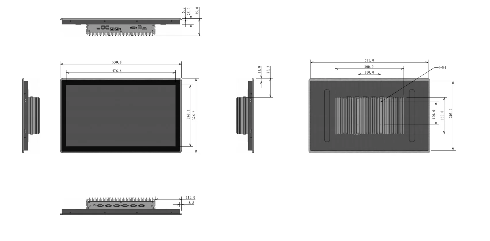 UTC-W2192E industrial panel PC (widescreen) - dimensional drawing (mm)