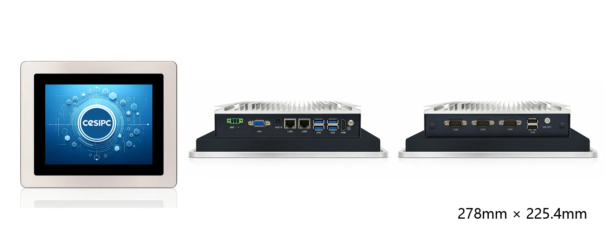 WPC-S1022A-S embedded hygienic panel PC (S-grade / IP69K front panel) - three-view dimensions (mm)