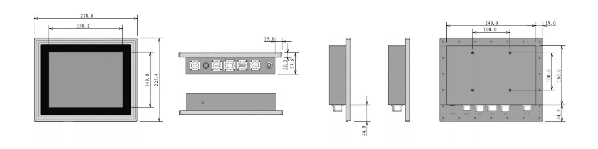 WPC-S1092A-G fully sealed high-protection panel PC (G-grade / IP69K) - three-view dimensions (mm)