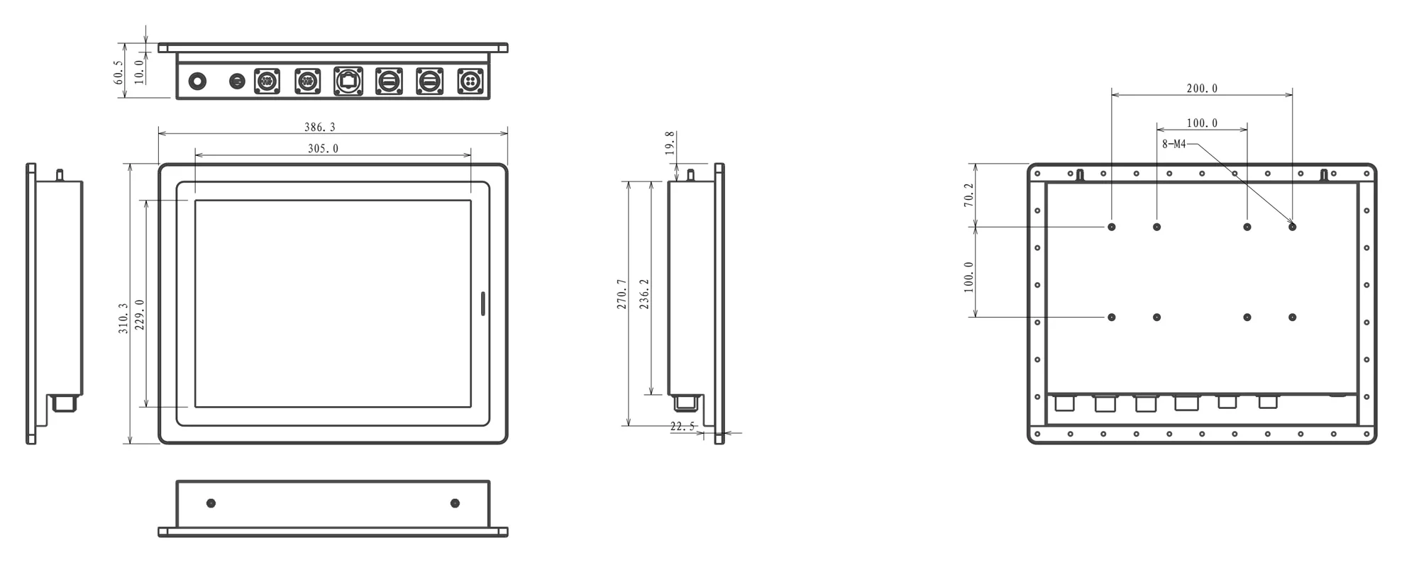 WPC-S1522A-G embedded hygienic panel PC (S-grade / IP69K front panel) - three-view dimensions (mm)