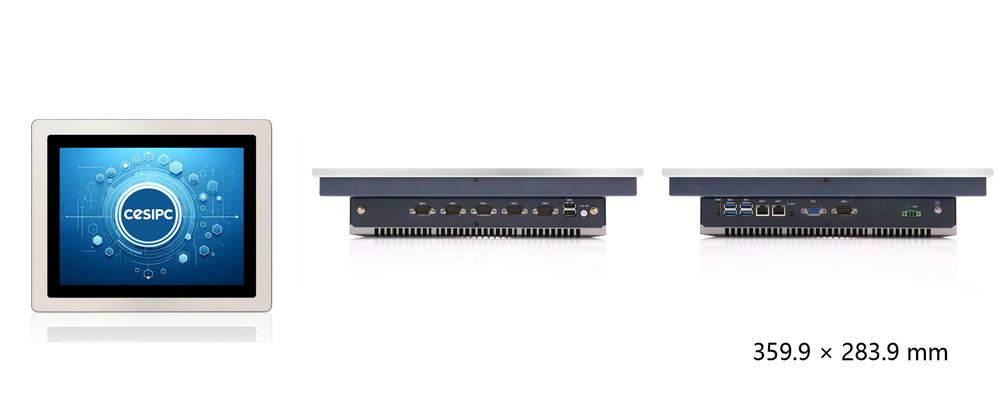 WPC-S1522A-S embedded hygienic panel PC (S-grade / IP69K front panel) - three-view dimensions (mm)