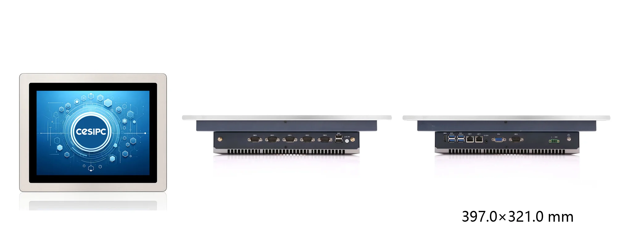 WPC-S1722A-S embedded hygienic panel PC (S-grade / IP69K front panel) - three-view dimensions (mm)