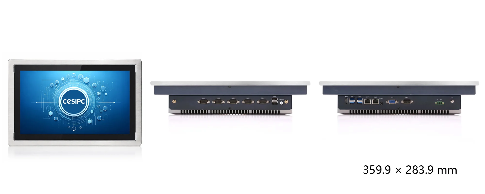 WPC-W1522A-S widescreen embedded hygienic panel PC (S grade / IP69K front panel) - three-view dimension drawing (mm)
