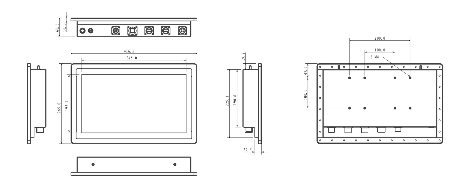 WPC-W1572A-G fully enclosed high-protection panel PC (G grade / IP69K) - three-view dimension drawing (mm)