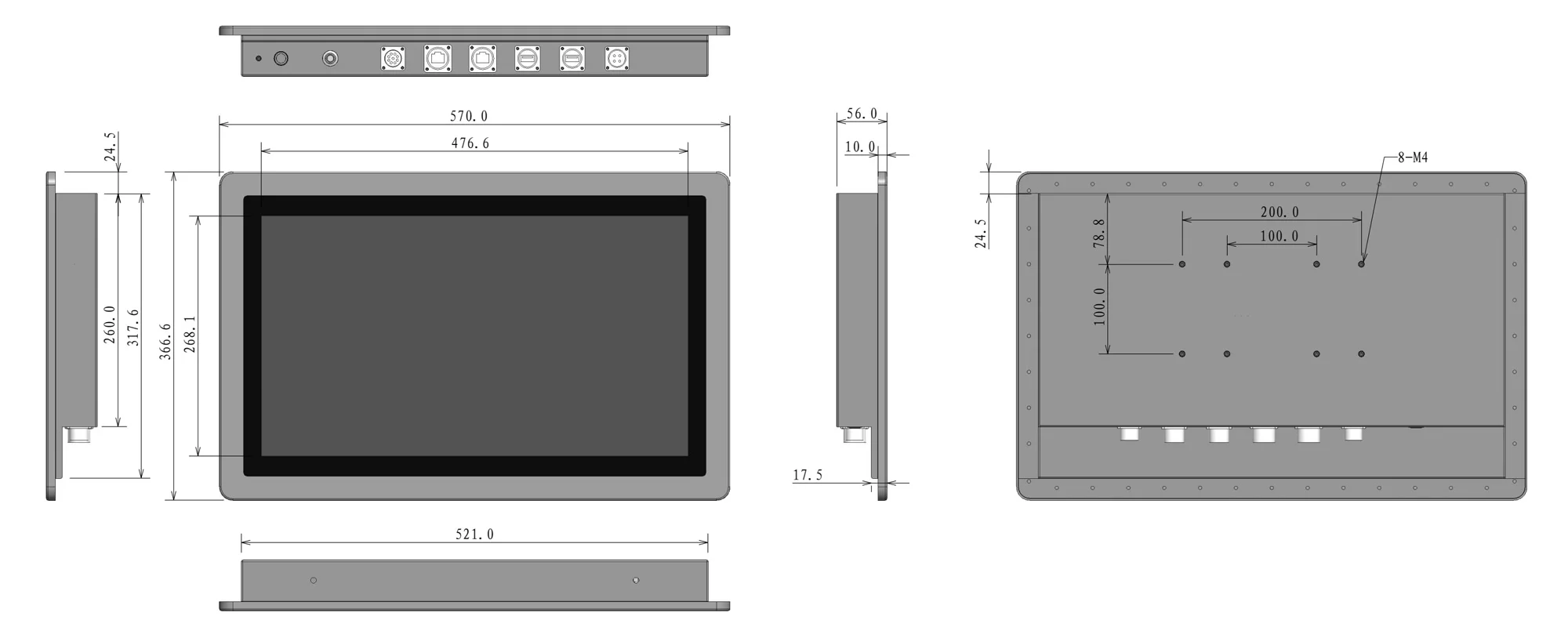 WPC-W2172A-G fully enclosed high-protection panel PC (G grade / IP69K) - three-view dimension drawing (mm)
