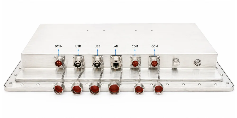 WPC-W2172A-G fully enclosed high-protection panel PC (G grade / IP69K) - front-panel I/O layout
